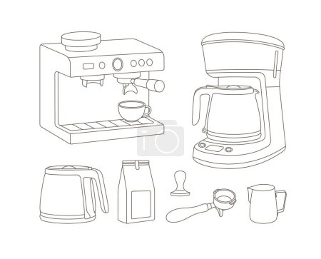 Illustration for Hand-drawn set of a coffee machine, drip coffee maker, coffee package, pitcher, and a portafilter. Line art. Vector illustration for coffee shops, cafes, and restaurants. - Royalty Free Image