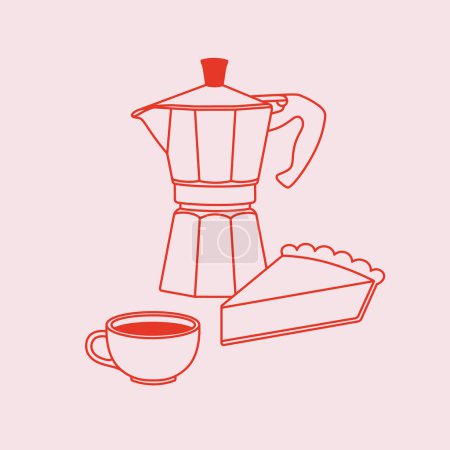 Ilustración de El moka pot dibujado a mano, la taza de café y el pedazo del pastel. Arte de línea, estilo retro. Ilustración vectorial para cafeterías, cafeterías y restaurantes. - Imagen libre de derechos