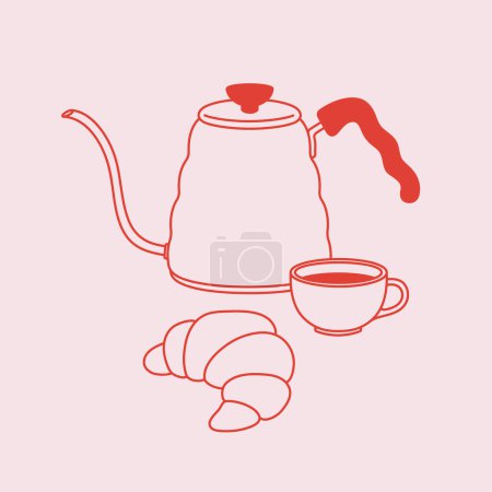 Illustration for Hand-drawn coffee kettle, coffee cup, croissant. Line art. Vector illustration for coffee shops, cafes, and restaurants. - Royalty Free Image