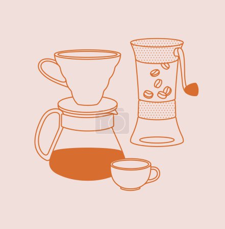 Foto de Hand-drawn pour over with a cup of coffee and grinder. Line art. Vector illustration for coffee shops, cafes, and restaurants. - Imagen libre de derechos