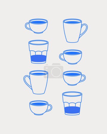 Téléchargez les illustrations : Tasses et verres avec café. Composition du temps du café. Art linéaire, rétro. Illustration vectorielle pour cafés, cafés et restaurants. - en licence libre de droit