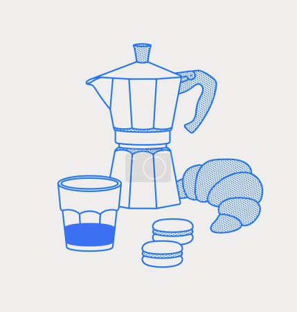 Téléchargez les photos : Moka pot, un verre de café, croissant, deux macarons. Composition du temps du café. Art linéaire, rétro. Illustration vectorielle pour cafés, cafés et restaurants. - en image libre de droit