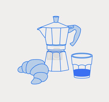 Foto de Moka pot, un vaso de café, croissant. Composición del café. Arte de línea, retro. Ilustración vectorial para cafeterías, cafeterías y restaurantes. - Imagen libre de derechos