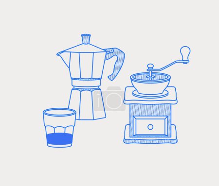 Ilustración de Moka olla, vaso de café, molinillo de café manual. Composición del café. Arte de línea, retro. Ilustración vectorial para cafeterías, cafeterías y restaurantes. - Imagen libre de derechos