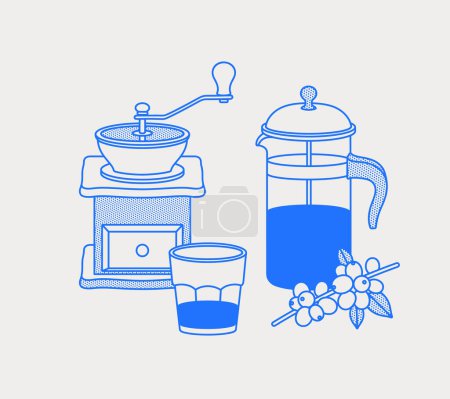 Illustration for French press, coffee branch, glass, manual coffee grinder. Line art, retro. Vector illustration for coffee shops, cafes, and restaurants. - Royalty Free Image