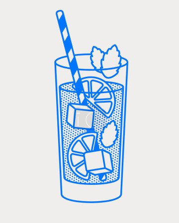 Illustration for Mohito cocktail with lime slices, ice cubes, mint leaf, and straw. Line art, retro. Vector illustration for bars, cafes, and restaurants. - Royalty Free Image