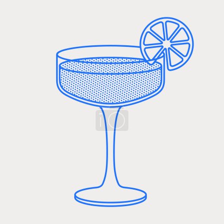 Téléchargez les illustrations : Cocktail de daiquiri avec tranche de citron vert. Art linéaire, rétro. Illustration vectorielle pour bars, cafés et restaurants. - en licence libre de droit