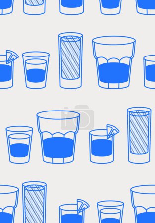 Illustration for Seamless pattern of different short alcohol drinks. Line art, retro. Vector illustration for bars, cafes, and restaurants. - Royalty Free Image