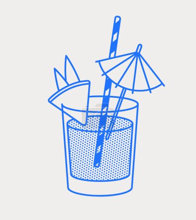 Téléchargez les illustrations : Cocktail Mai tai avec coin ananas, chalut et parapluie. Art linéaire, rétro. Illustration vectorielle pour bars, cafés et restaurants. - en licence libre de droit
