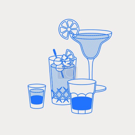Illustration for Margarita, Bloody Mary, and a short drink. Line art, retro. Vector illustration for bars, cafes, and restaurants. - Royalty Free Image