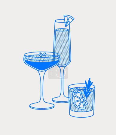 Du martini expresso, du mimosa et du gin tonic. Art linéaire, rétro. Illustration vectorielle pour bars, cafés et restaurants.