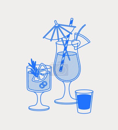 Illustration for Pina Colada, Paloma cocktails, and a short drink. Line art, retro. Vector illustration for bars, cafes, and restaurants. - Royalty Free Image