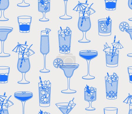 Modèle sans couture de cocktails. Art linéaire, rétro. Illustration vectorielle pour bars, cafés et restaurants.