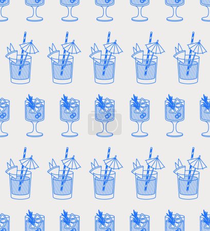 Illustration for Seamless pattern of Mai Tai and Paloma cocktails. Line art, retro. Vector illustration for bars, cafes, and restaurants. - Royalty Free Image