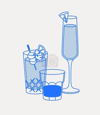 Ilustración de Mimosa, Bloody Mary, y un trago corto. Arte de línea, retro. Ilustración vectorial para bares, cafeterías y restaurantes. - Imagen libre de derechos