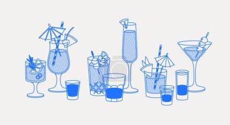 Téléchargez les illustrations : Composition des cocktails. Art linéaire, rétro. Illustration vectorielle pour bars, cafés et restaurants. - en licence libre de droit