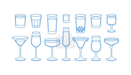 Illustration for Different cocktail glasses. Line art, retro. Vector illustration for bars, cafes, and restaurants. - Royalty Free Image