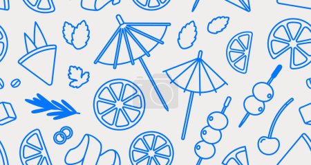 Illustration for Seamless pattern of cocktail garnishes. Line art, retro. Vector illustration for bars, cafes, and restaurants. - Royalty Free Image