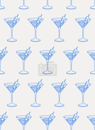 Illustration for Seamless pattern of martini cocktail. Line art, retro. Vector illustration for bars, cafes, and restaurants. - Royalty Free Image