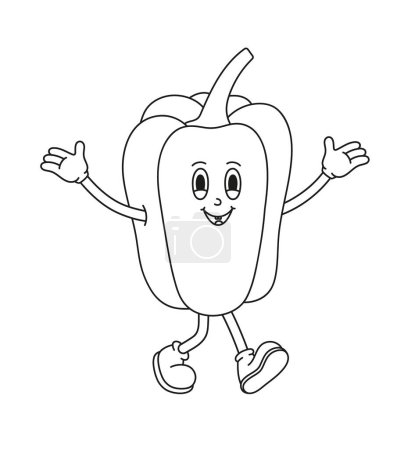 Illustration for The hand-drawn retro character of bell pepper. Vector illustration in trendy retro cartoon style. Line art. - Royalty Free Image