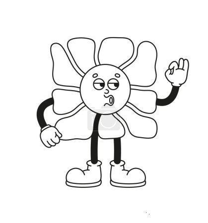 Illustration for The hand-drawn retro character of the groovy flower. Vector illustration in trendy retro cartoon style. Line art. - Royalty Free Image