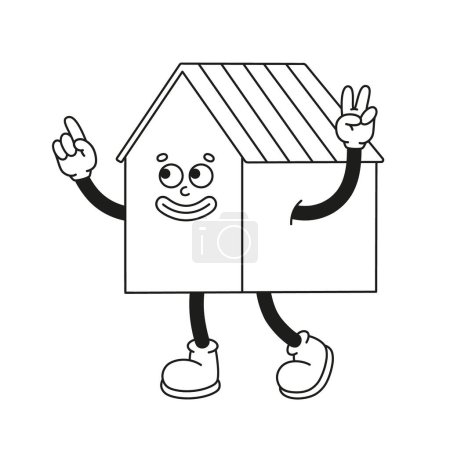 Illustration for The hand-drawn retro character of the house. Vector illustration in trendy retro cartoon style. Line art. - Royalty Free Image