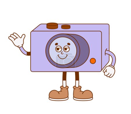 Illustration for The hand-drawn retro character of the film photo camera. Vector illustration in trendy retro cartoon style. - Royalty Free Image