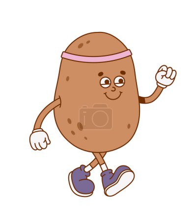 Illustration for The hand-drawn retro character of a walking potato. The concept of a sporty, healthy lifestyle.Vector illustration in trendy retro cartoon style. - Royalty Free Image