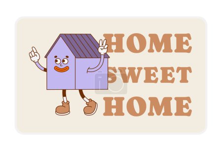 Illustration for The hand-drawn retro character of the house is isolated on beige. Vector illustration in trendy retro cartoon style. - Royalty Free Image