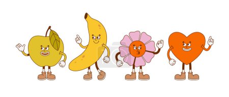 Téléchargez les illustrations : Le caractère rétro dessiné à la main d'une pomme, d'une banane, d'une fleur et d'un cœur. Illustration vectorielle dans un style de dessin animé rétro tendance. - en licence libre de droit