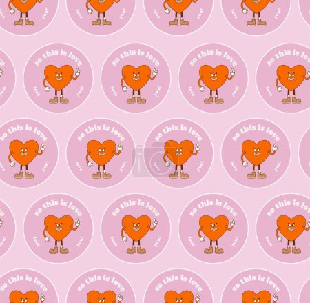 Illustration for The seamless pattern of the heart retro character is isolated on pink. Vector illustration in trendy retro cartoon style. - Royalty Free Image