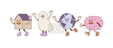Illustration for The hand-drawn retro character of a house, ghost, planet, brain. Vector illustration in trendy retro cartoon style. - Royalty Free Image