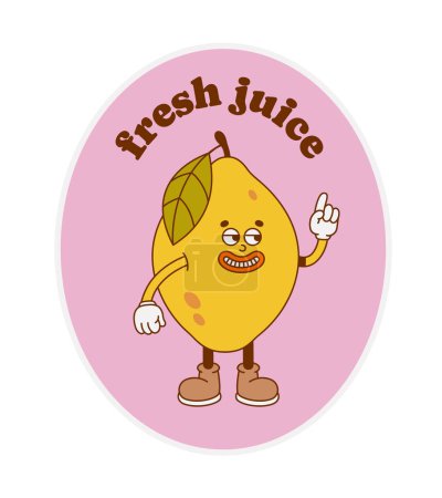 Téléchargez les illustrations : Le personnage rétro citron coloré dessiné à la main avec un slogan. Sticker vectoriel dans le style rétro dessin animé à la mode. Fruits, aliments sains. - en licence libre de droit