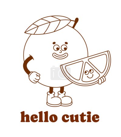 Téléchargez les illustrations : Le personnage orange rétro dessiné à la main avec un slogan. Sticker vectoriel dans le style rétro dessin animé à la mode. Fruits, aliments sains. - en licence libre de droit