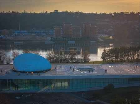 Aerial photo of science museum being built on Nemunas island in Kaunas city center. Museum which will be called Science island