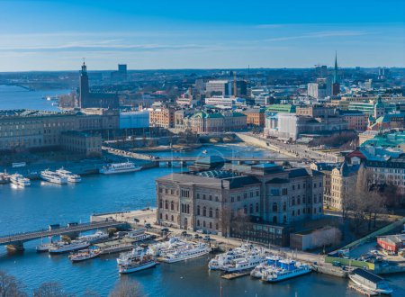 Nationalmuseum in Stockholm old town next to Gamla stan. Aerial view of Sweden capital. Drone top panorama photo