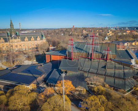 Vasa Museum, Vasamuseet in Djurgarden, Stockholm. Aerial view of Sweden capital. Drone top panorama photo