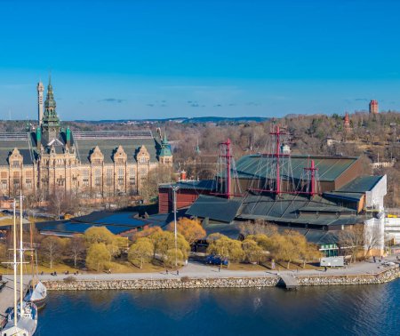 Vasa Museum, Vasamuseet und Nordic Museum, Nordiskamuseet in Djurgarden, Stockholm. Luftaufnahme der schwedischen Hauptstadt. Drone top panorama photo