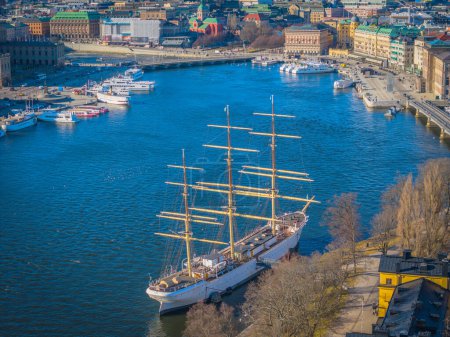 An old sailing ship converted into a hotel in Skeppsholmen island, Stockholm. Aerial view photo of Sweden capital