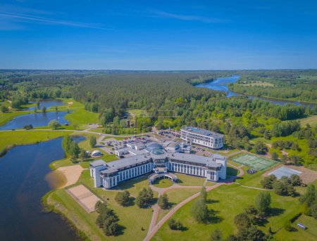 Aerial view of Birstonas city wich is located on the shore of Nemunas river in Lithuania. Small SPA resort with natural mineral waters. Drone photo
