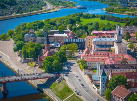 Photo for Kaunas old town, Lithuania. Panoramic drone aerial view photo of Kaunas city center with many old red roof houses, churches - Royalty Free Image