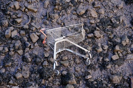 Téléchargez les photos : Shopping trolley cart abandoned on at polluted beach UK - en image libre de droit