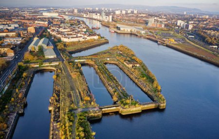 Dry docks now redundant and wetlands area on the River Clyde UK