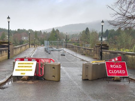 Road bridge closed to motor vehicles and signs UK