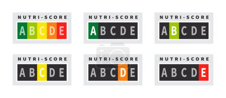Téléchargez les illustrations : Insignes Nutri-score. Indicateur nutritionnel des soins de santé. Autocollants Nutri-score. Illustration vectorielle - en licence libre de droit