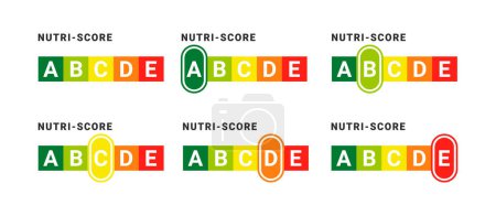 Illustration for Nutri-score badges concept. Food rating system signs. Health care nutrition indicator. Nutri-score stickers. Vector illustration - Royalty Free Image