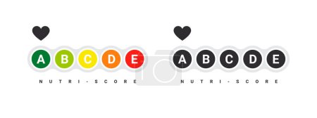 Illustration for Nutri-score labels with hearts. Food rating system signs. Health care nutrition indicator. Nutri-score stickers. Vector illustration - Royalty Free Image