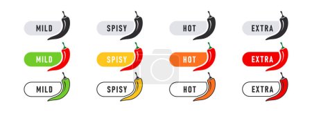 Pepper spicy level icons. Hot natural chili pepper symbols. Spicy and hot. Vector illustration