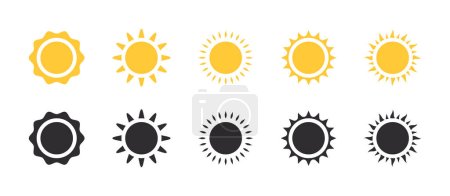 Téléchargez les illustrations : Sun icons set. Sun stars. Sunlight signs. Sunshine and solar glow. Vector illustration - en licence libre de droit