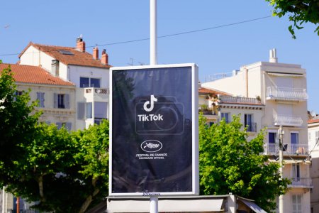 Photo for Cannes , paca  France - 08 09 2022 : Tik tok logo brand and text sign on advertising festival de cannes icon application name of Tiktok social media platform network - Royalty Free Image